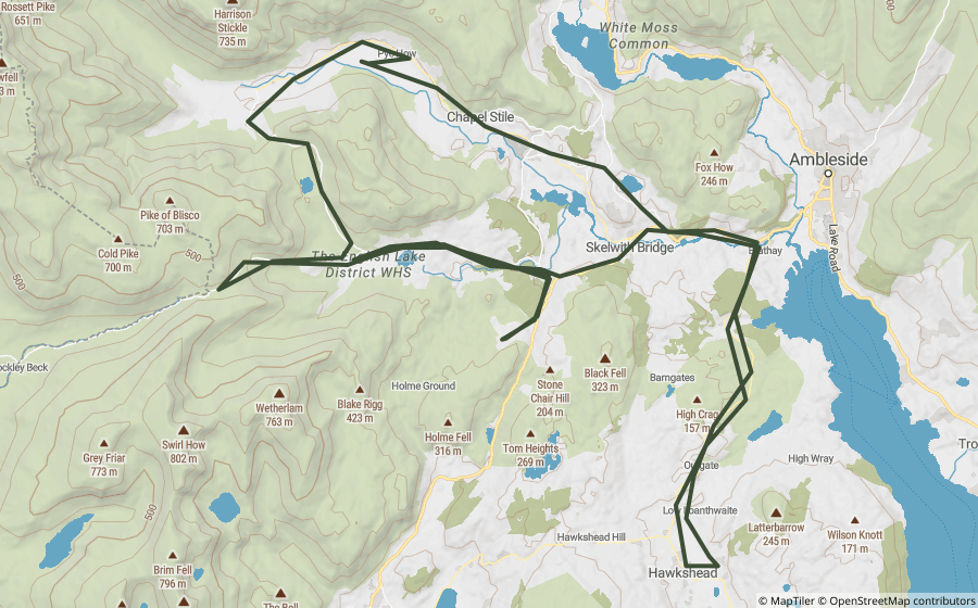 Map preview of the Tilberthwaite & Wrynose Pass Loop motorcycle GPX route