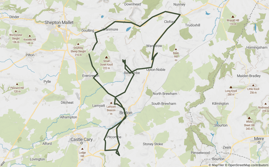 Map preview of the Bruton Lanes Loop motorcycle GPX route