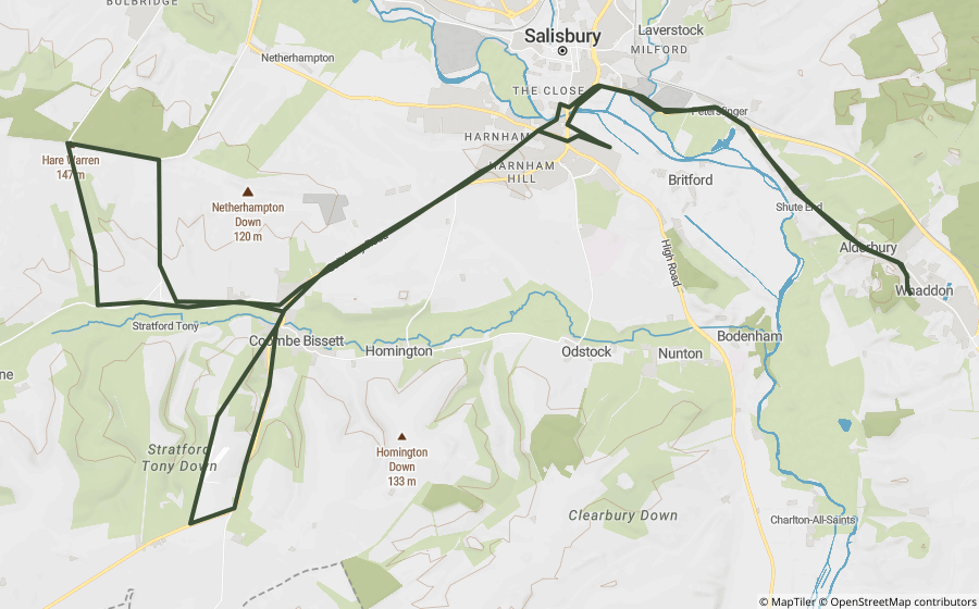 Map preview of the Shaftesbury Drove Loop motorcycle GPX route
