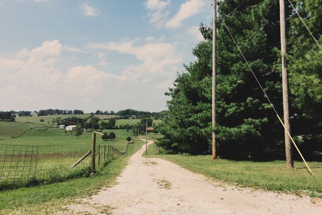A farm track running along a fenceline through open countryside