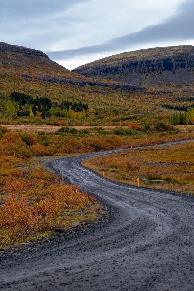 A winding unsurfaced road through autumn hills