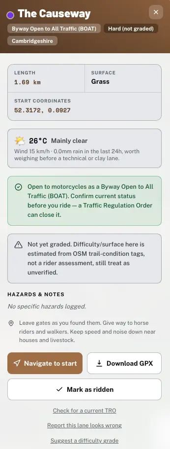 lane data including weather, surface and legal status in the holloway app
