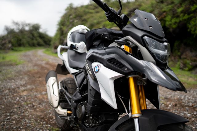 adventure motorcycle on a green lane trail
