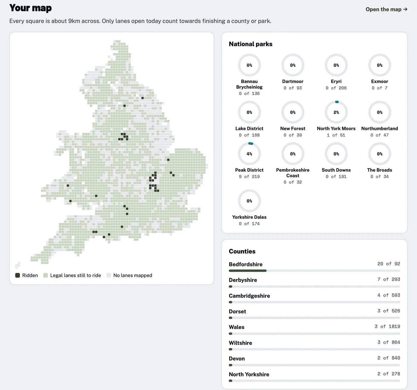 A Holloway completion map of England and Wales in squares, with ridden squares shaded dark, next to progress rings for each national park and progress bars for each county
