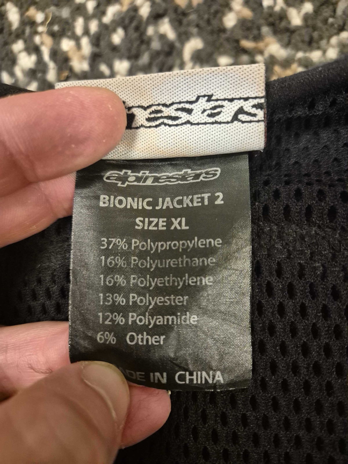 The real Alpinestars Bionic Jacket 2 size label, confirming the XL tested in this review