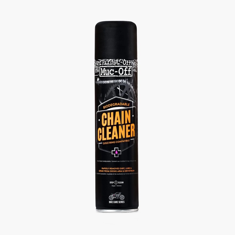 A can of Muc-Off Motorcycle Chain Cleaner