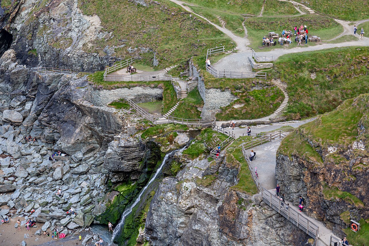The footbridge and ruins at Tintagel Castle on Cornwall's north coast