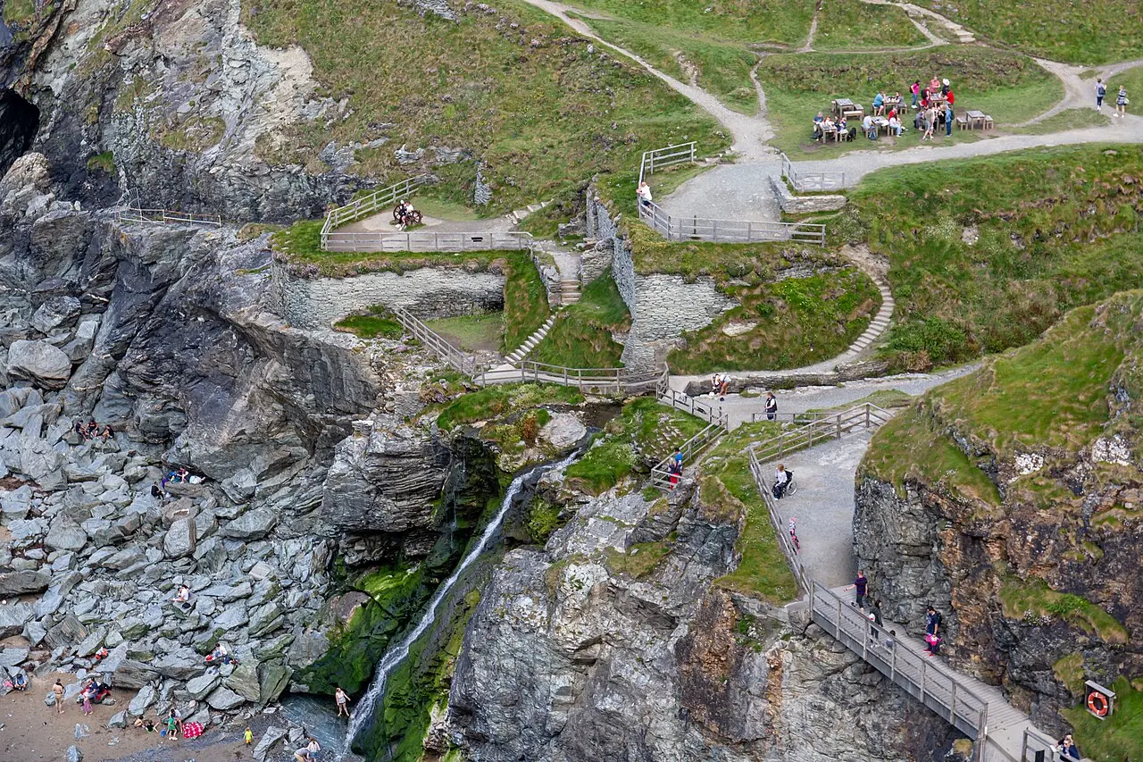 The footbridge and ruins at Tintagel Castle on Cornwall's north coast