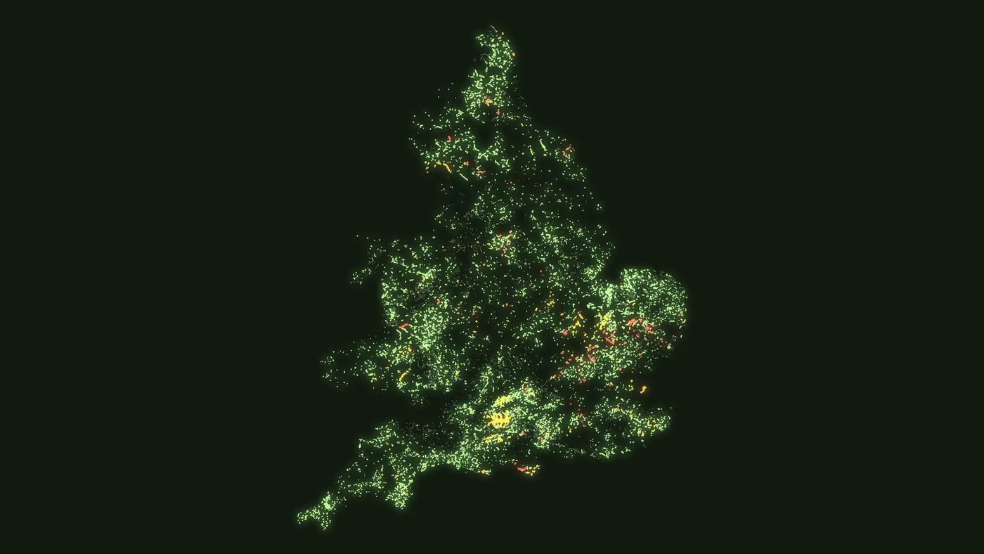 Every legal green lane in England and Wales mapped as glowing lines on a dark background, with closed lanes in red and seasonal ones in amber