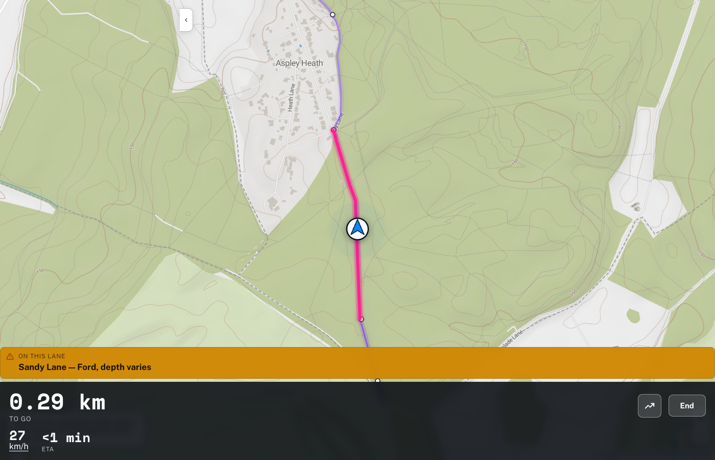 Holloway's redesigned live navigation view, flat 2D map, a hazard bar and the info panel at the bottom