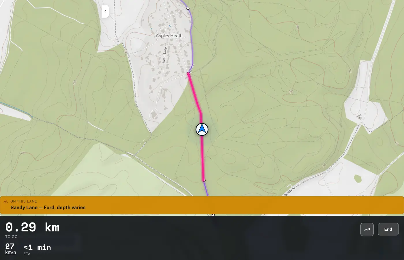Holloway's redesigned live navigation view, flat 2D map, a hazard bar and the info panel at the bottom