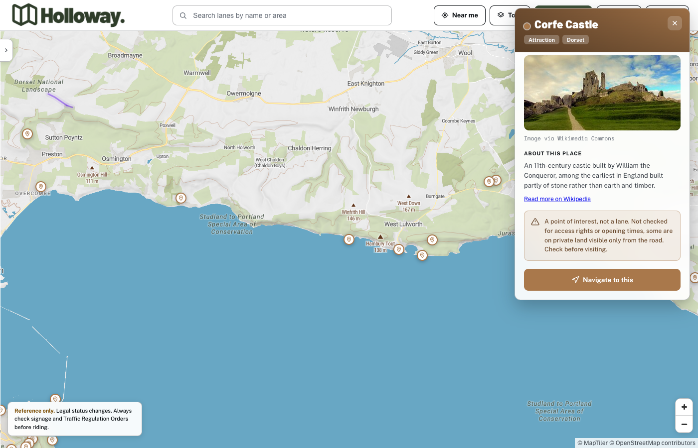 The Corfe Castle point of interest panel open in the Holloway app