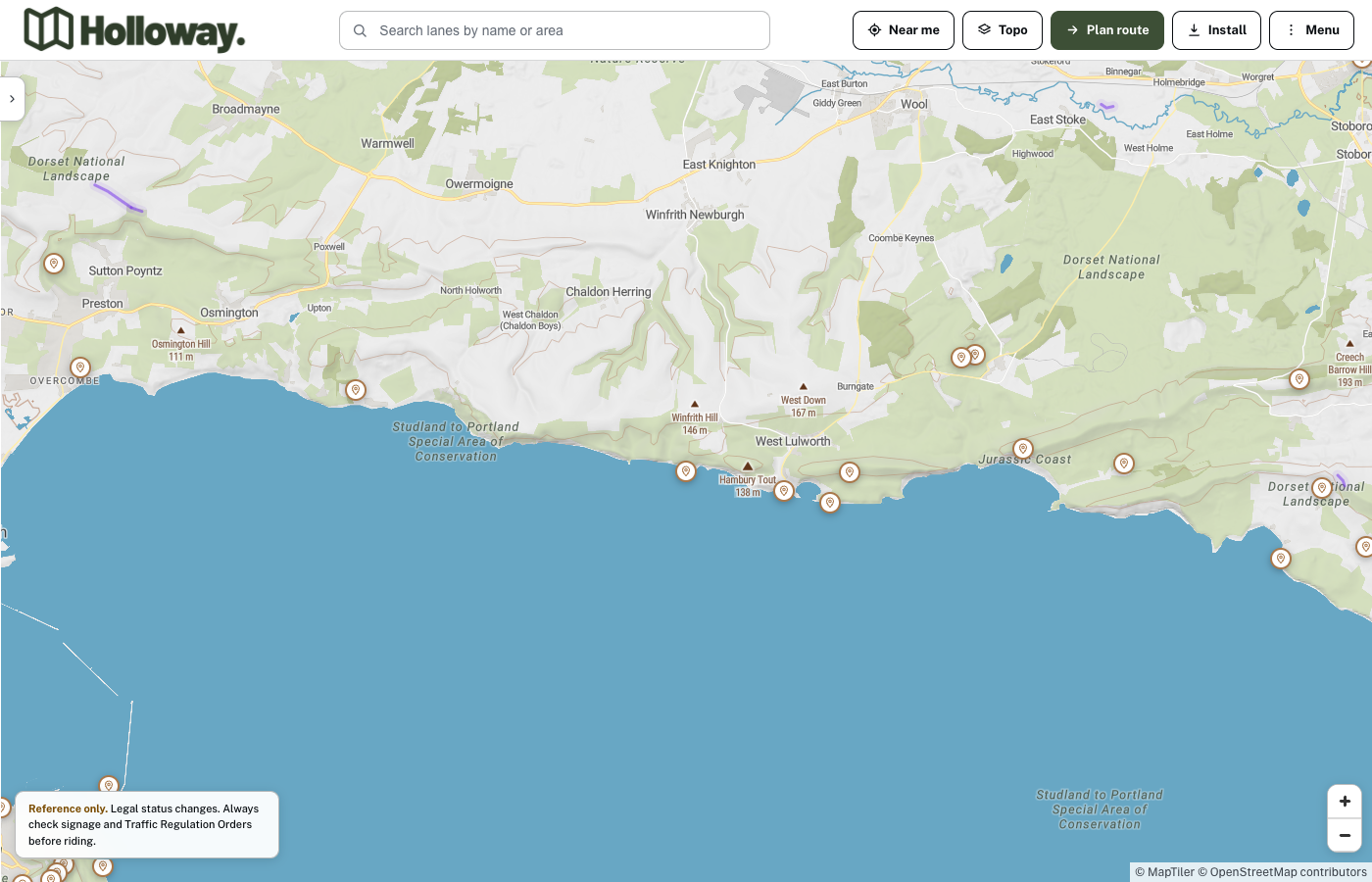 Points of interest shown as pins along the Jurassic Coast in Holloway
