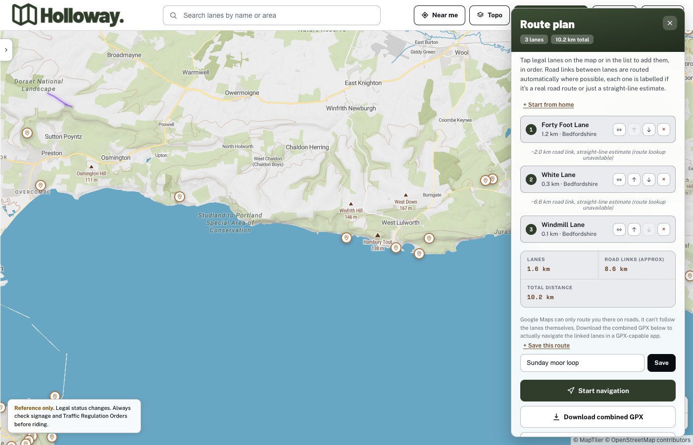 Holloway's route plan panel showing a linked route with a Save this route field and Download combined GPX button