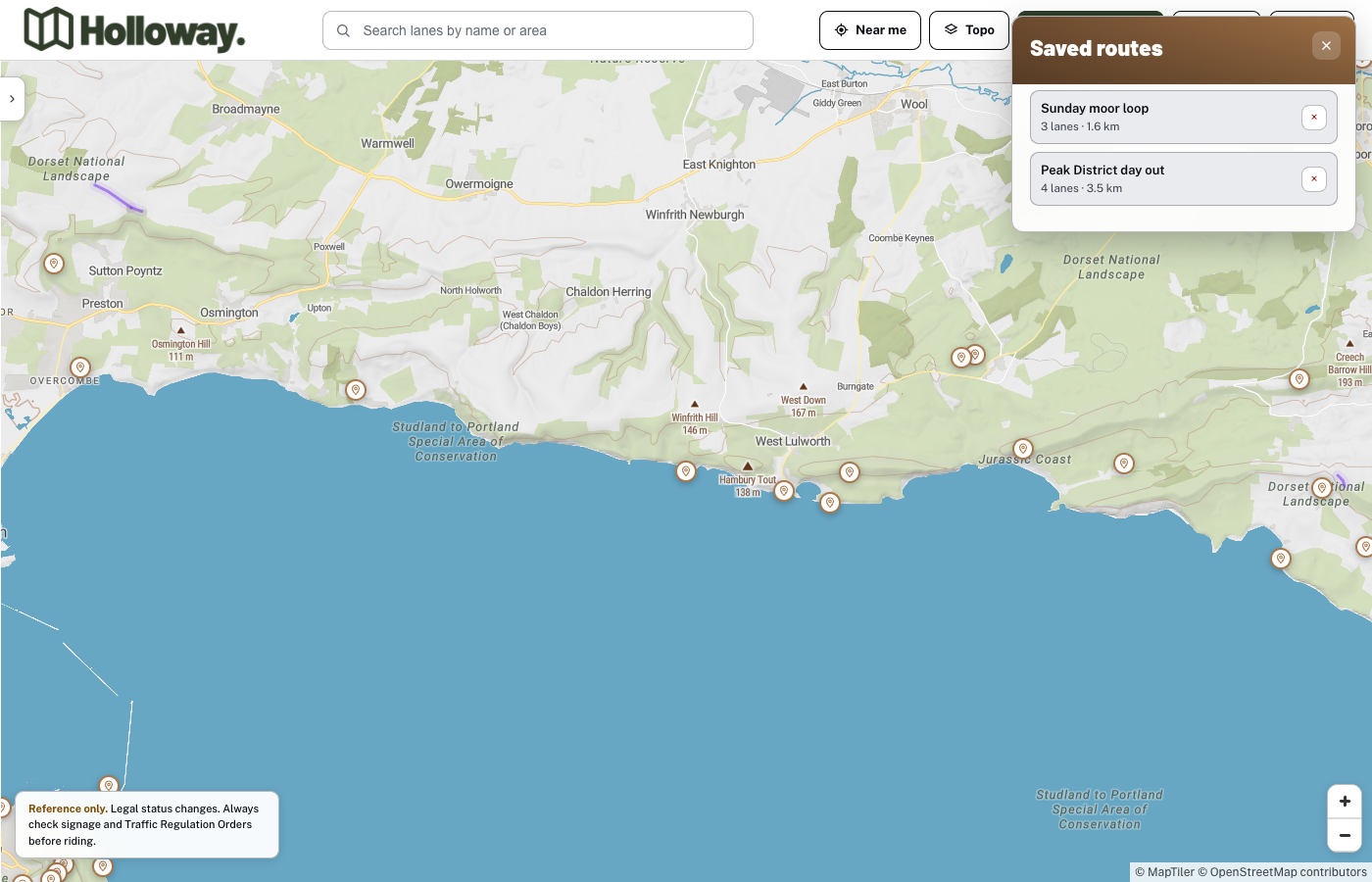 The My saved routes panel listing two example routes with their lane count and distance