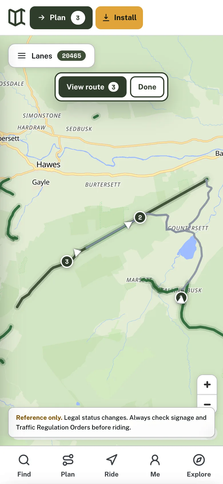 The green lane route planner on a phone, with numbered stops and arrows showing which way each lane is ridden, and the View route and Done bar at the top