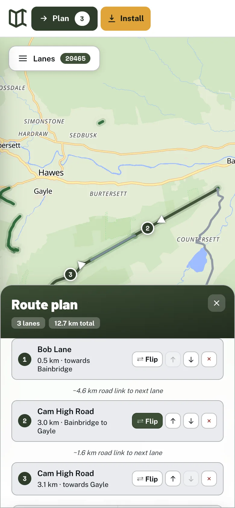 The route plan list with a Flip button on each lane and each lane described by the villages it runs between