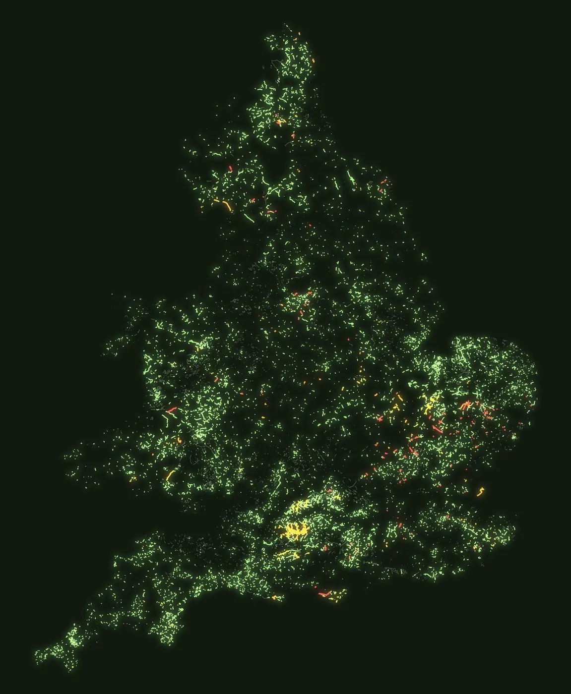 Map of every legal green lane in England and Wales: open lanes in green, seasonal closures and military ranges in amber, closed lanes in red