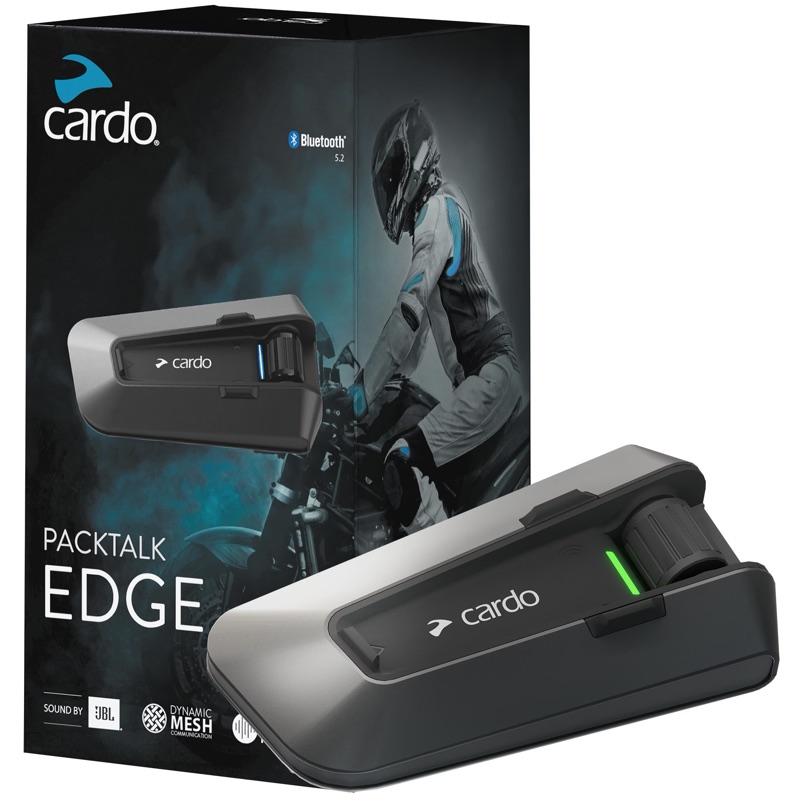 The Cardo Packtalk Edge intercom and its retail box