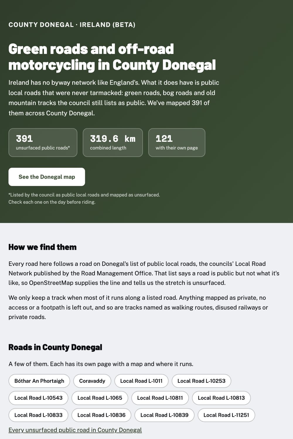The Holloway county guide for green roads and off-road motorcycling in County Donegal, with 391 roads and 319.6 km mapped