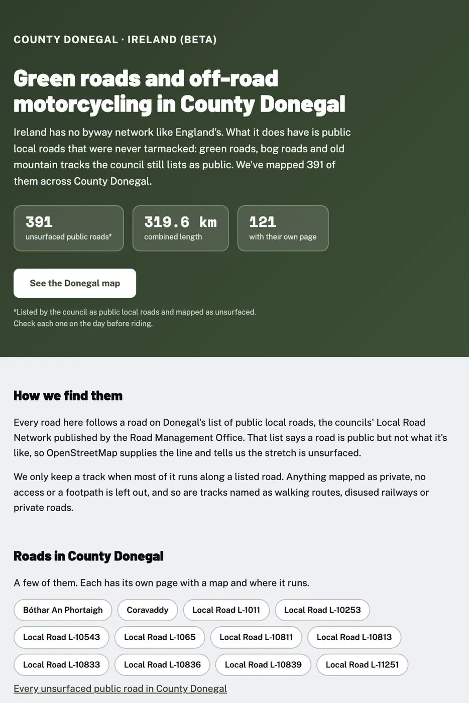 The Holloway county guide for green roads and off-road motorcycling in County Donegal, with 391 roads and 319.6 km mapped