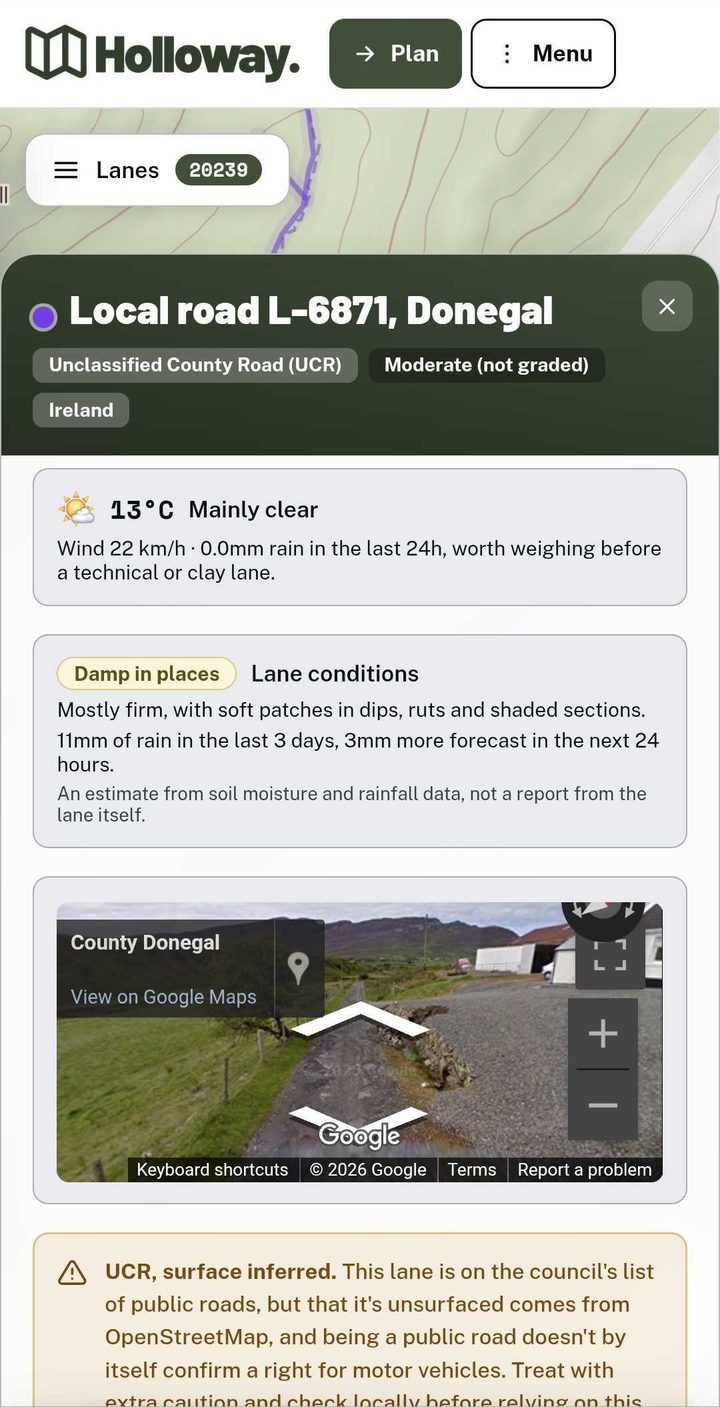 A Holloway lane card for a local road in County Donegal, showing the weather, an estimate of ground conditions and Street View