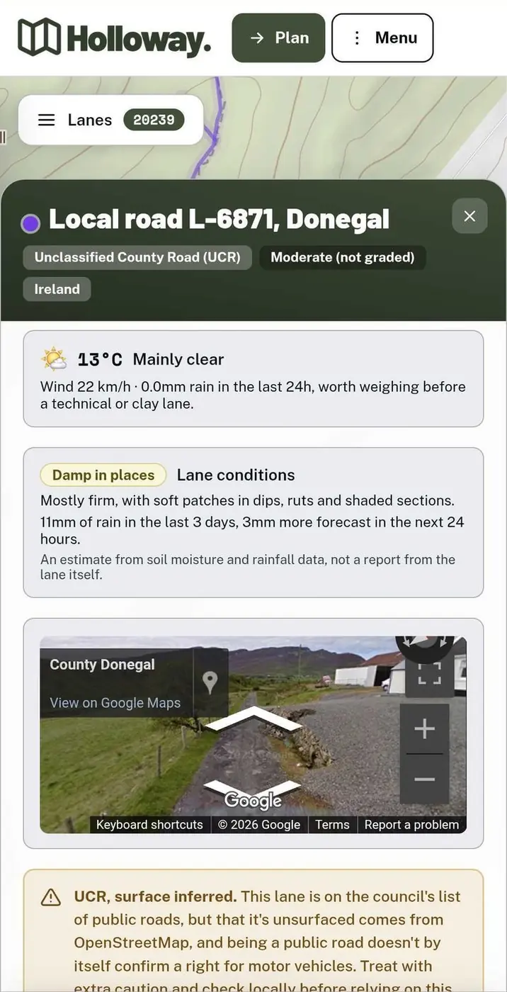 A Holloway lane card for a local road in County Donegal, showing the weather, an estimate of ground conditions and Street View