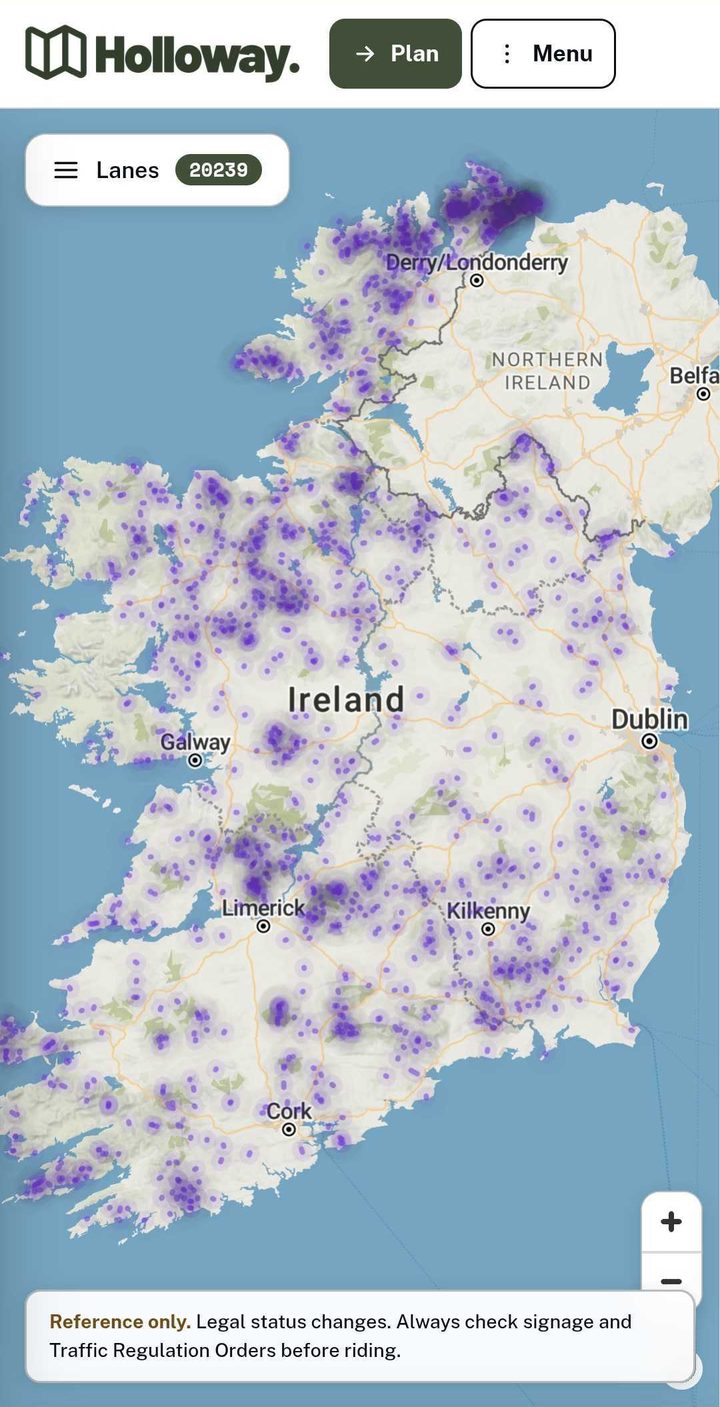 The Holloway map zoomed out over Ireland, with clusters of unsurfaced public roads across Donegal, Mayo, Clare, Tipperary and Cork