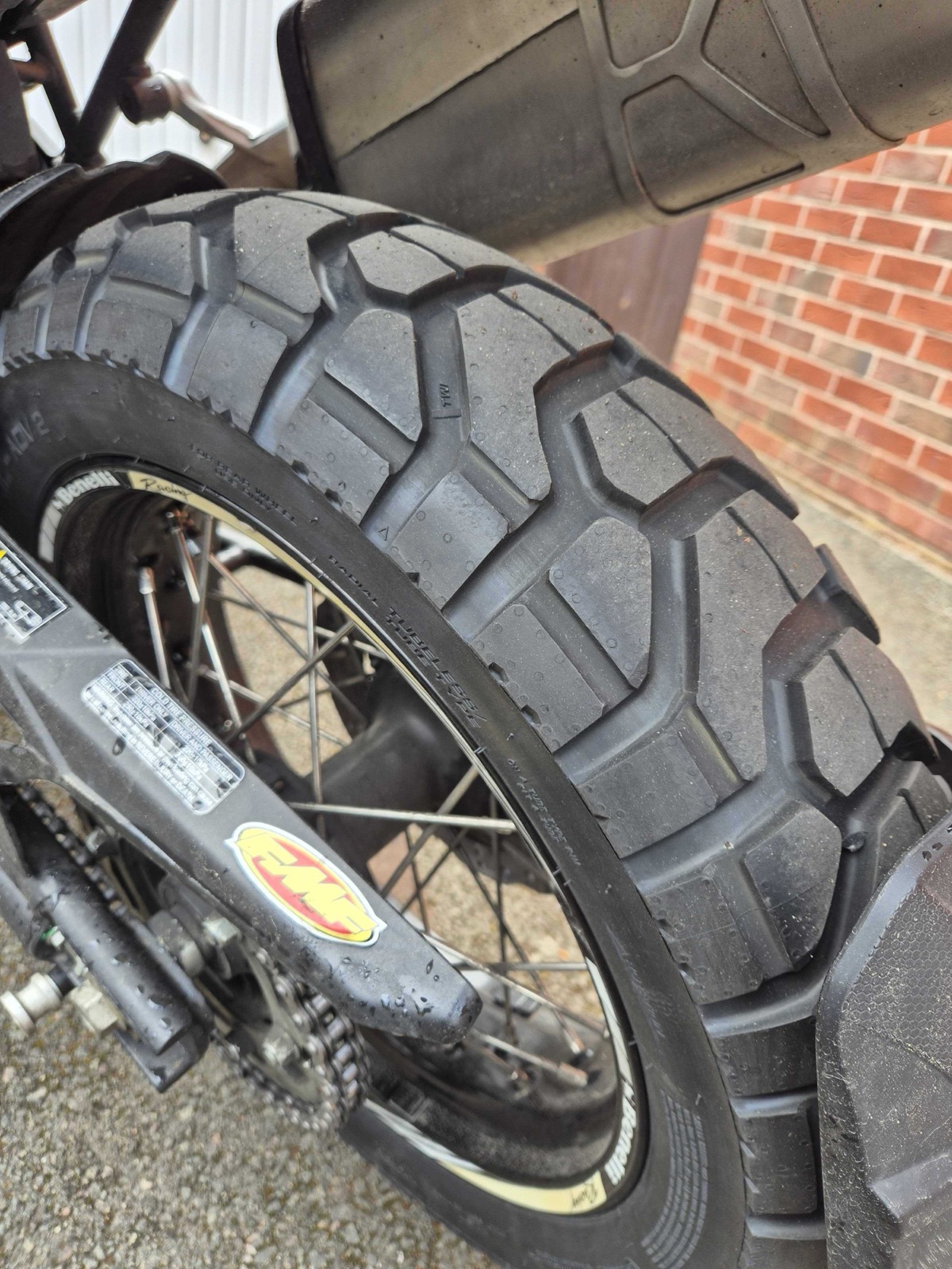 Close-up of the Mitas Enduro Trail ADV 2's tread pattern on the rear tyre, fitted to a Benelli TRK 502 X