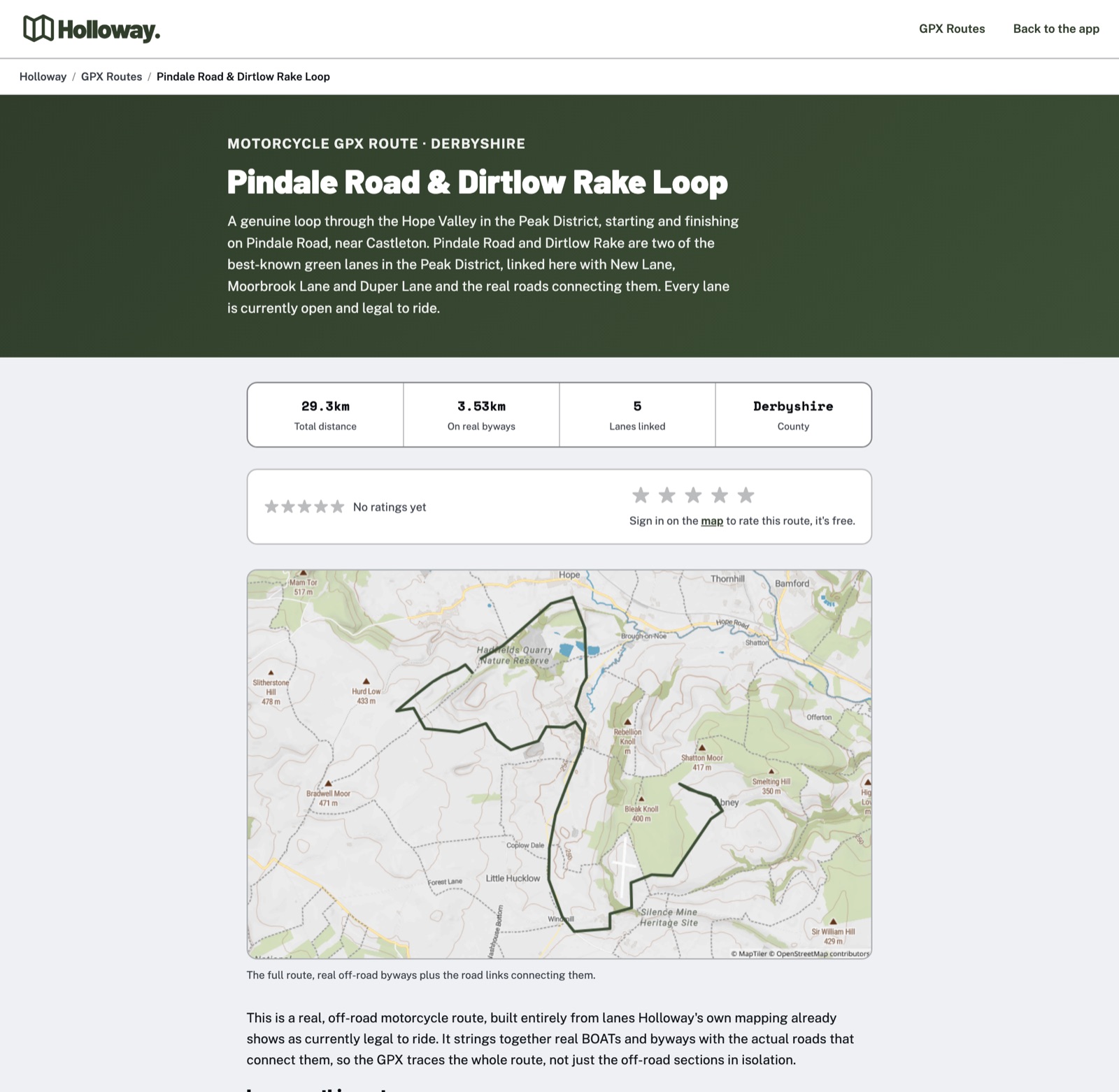 The Pindale Road and Dirtlow Rake Loop route page, showing total distance, distance on byways, lanes linked, star ratings and a map of the route