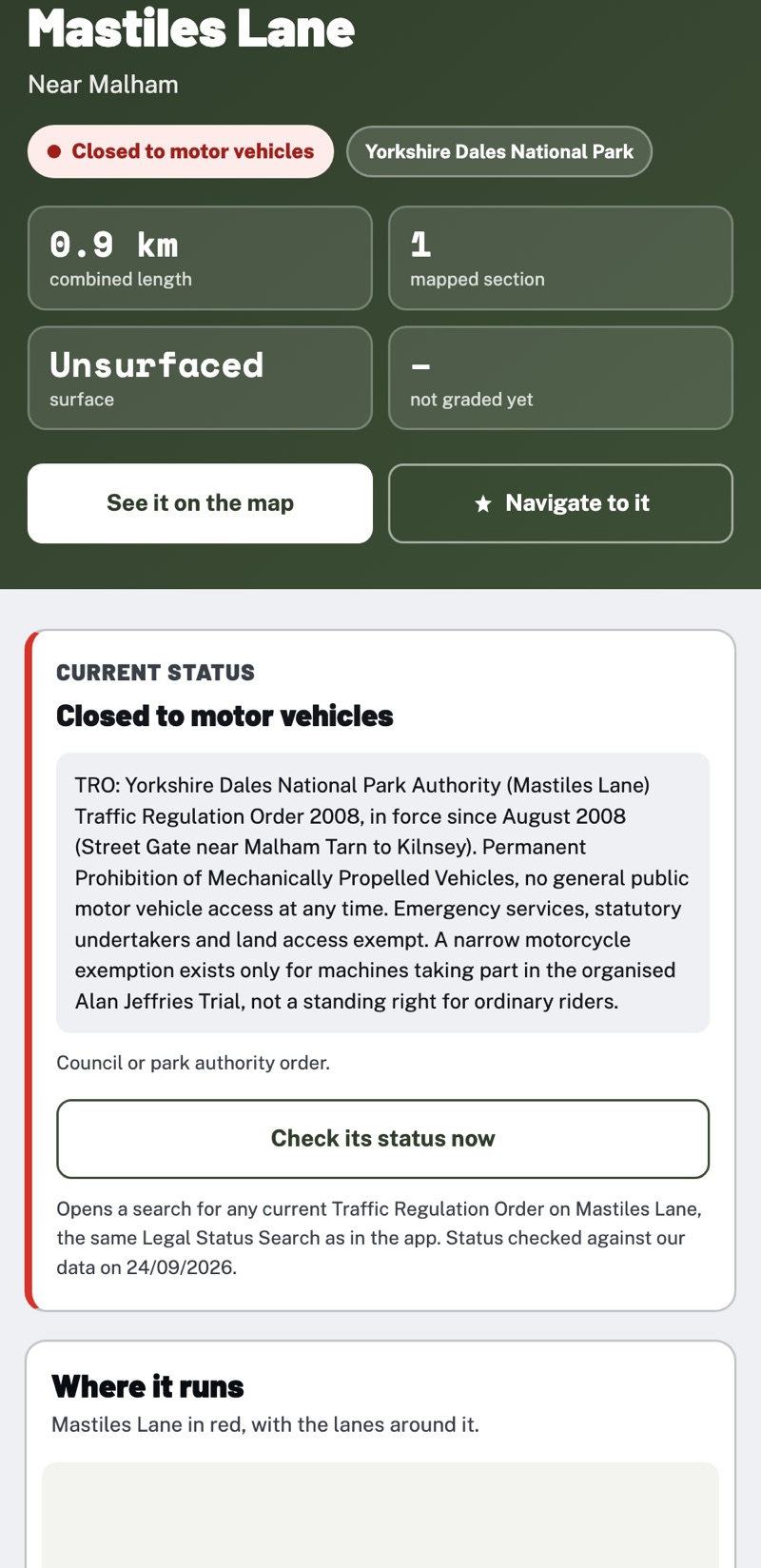The Mastiles Lane page, showing it closed to motor vehicles and the Yorkshire Dales National Park Authority order behind the closure
