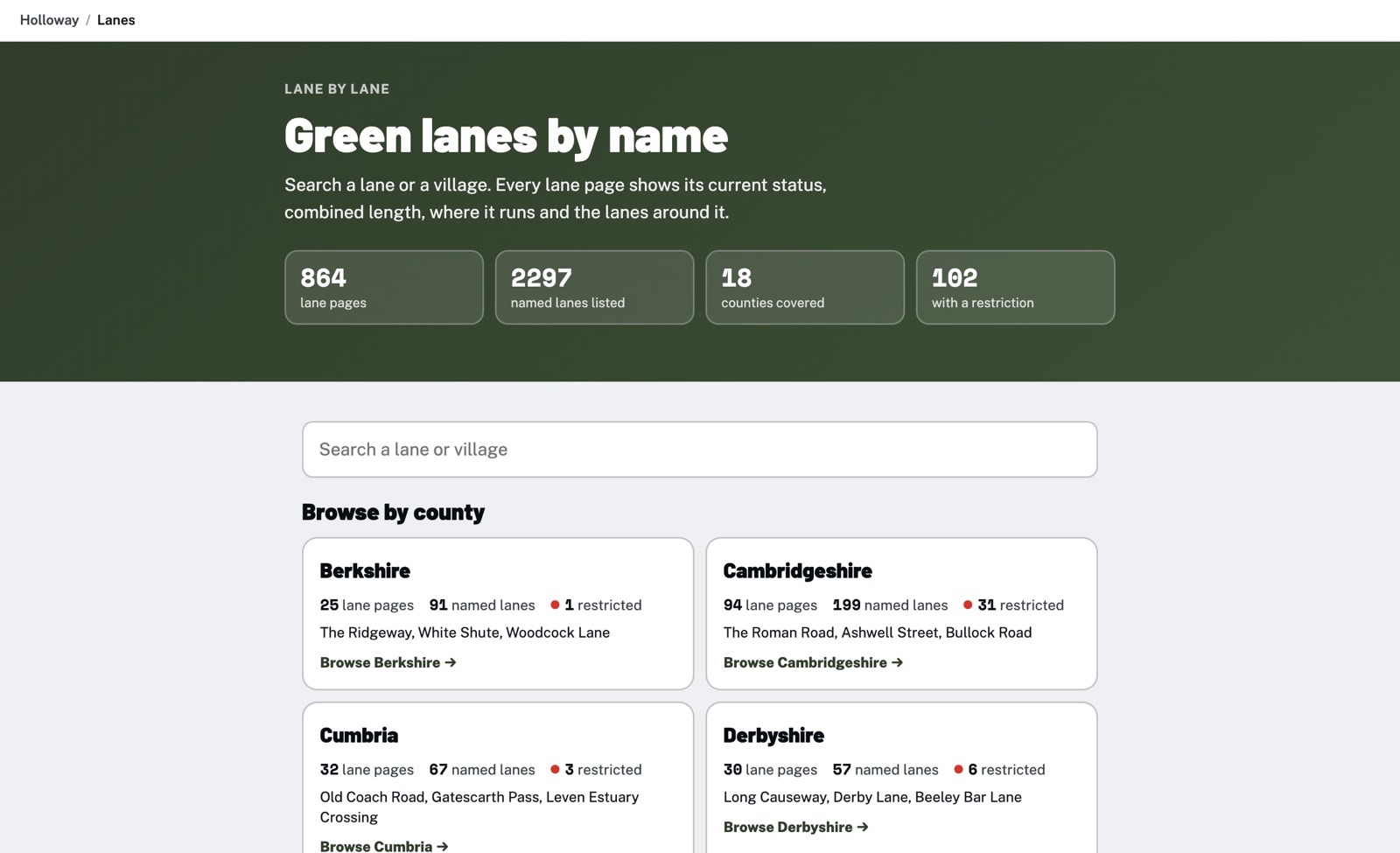 The Green lanes by name hub, with a lane search box and county cards showing lane pages, named lanes and restrictions