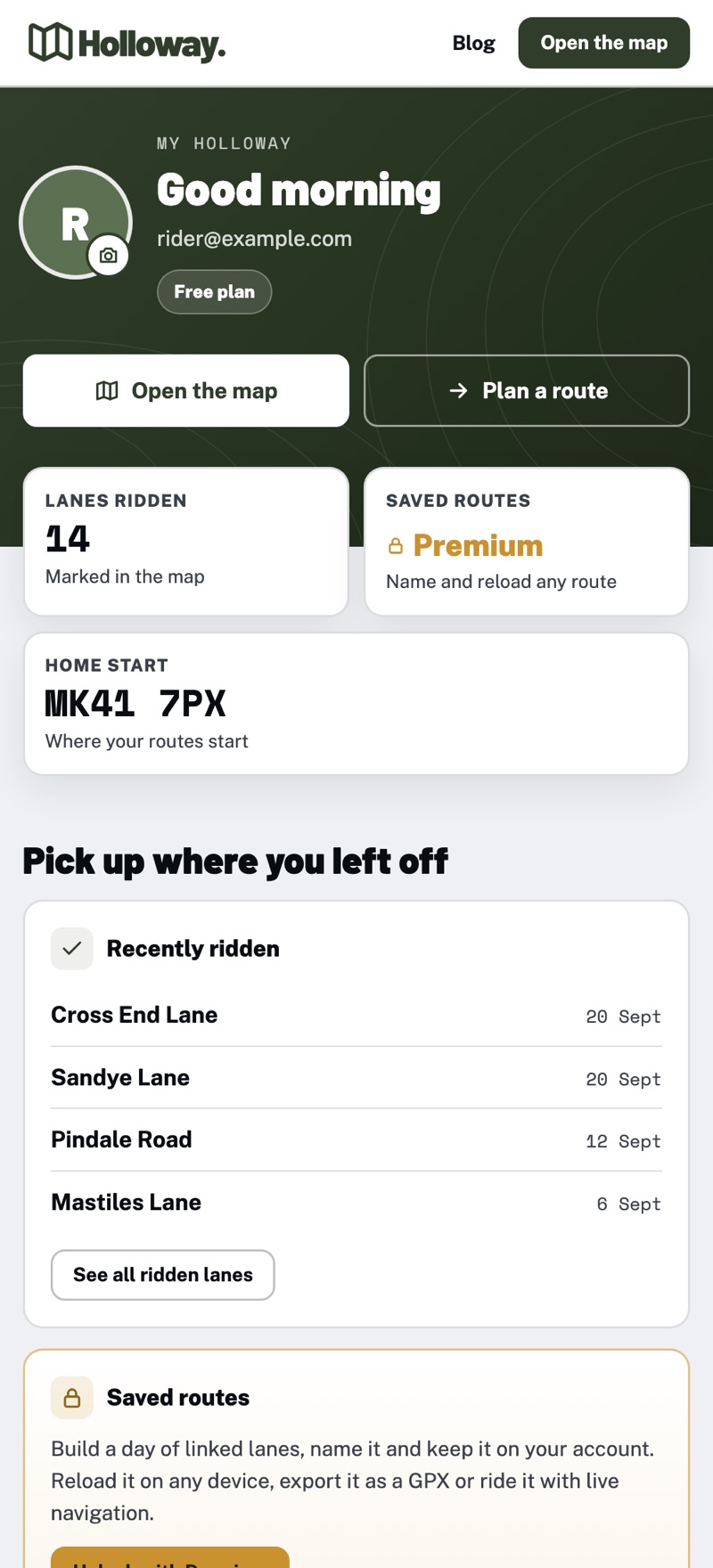 The My Holloway page on a phone, showing a greeting, lanes ridden, saved routes, home start and recently ridden lanes