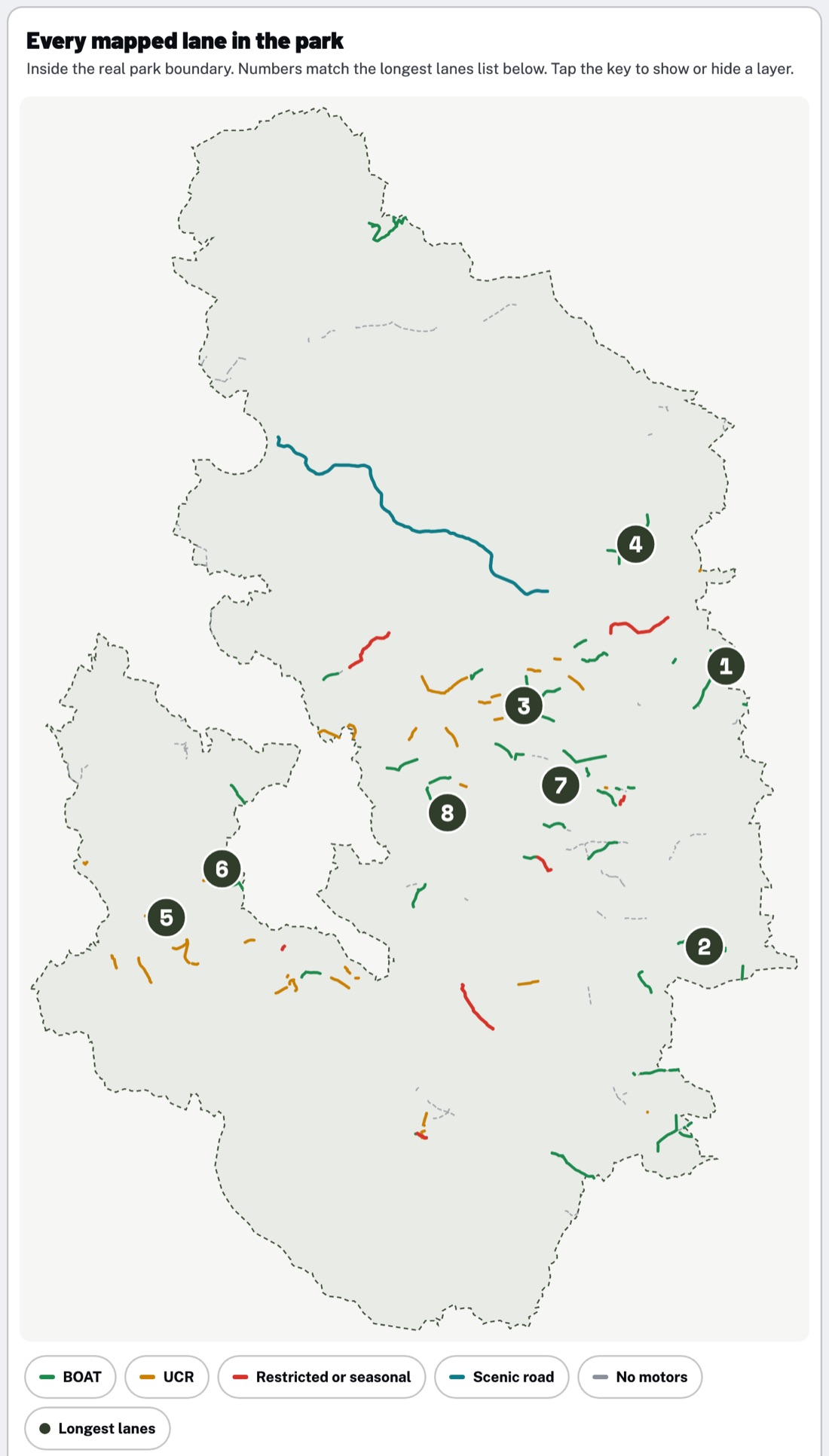A map of every mapped lane inside the Peak District National Park boundary, colour coded by type, with numbered markers for the longest lanes