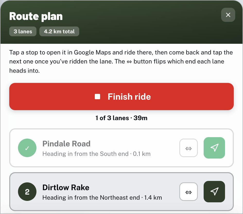 The Navigate lane by lane list with a red Finish ride button, a progress count of 1 of 3 lanes, and lane cards for Pindale Road and Dirtlow Rake
