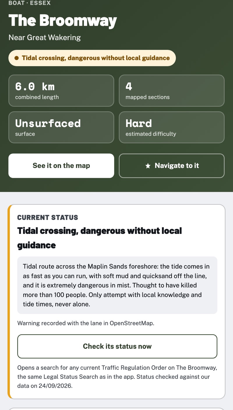 The Broomway lane page showing an amber tidal crossing warning and the reason behind it