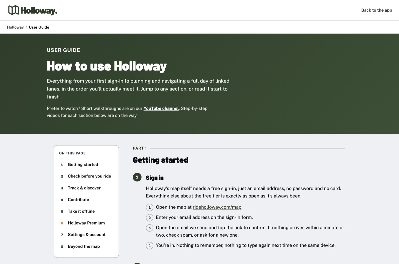 The Holloway User Guide, with a table of contents down the side and the first step, signing in