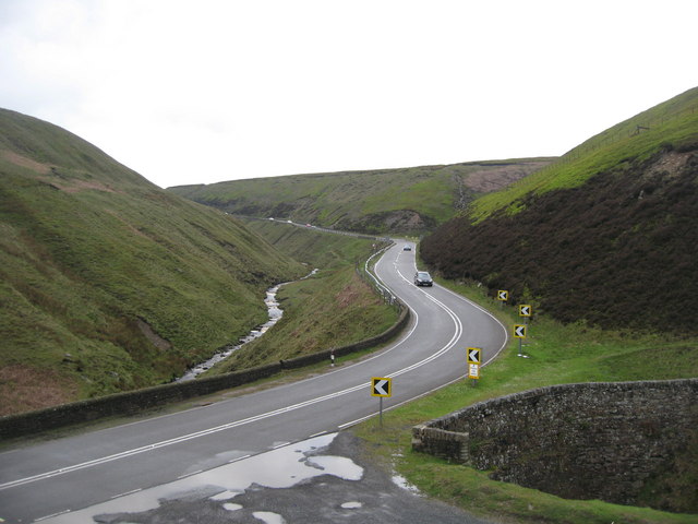 The A57 Snake Pass winding through the Peak District