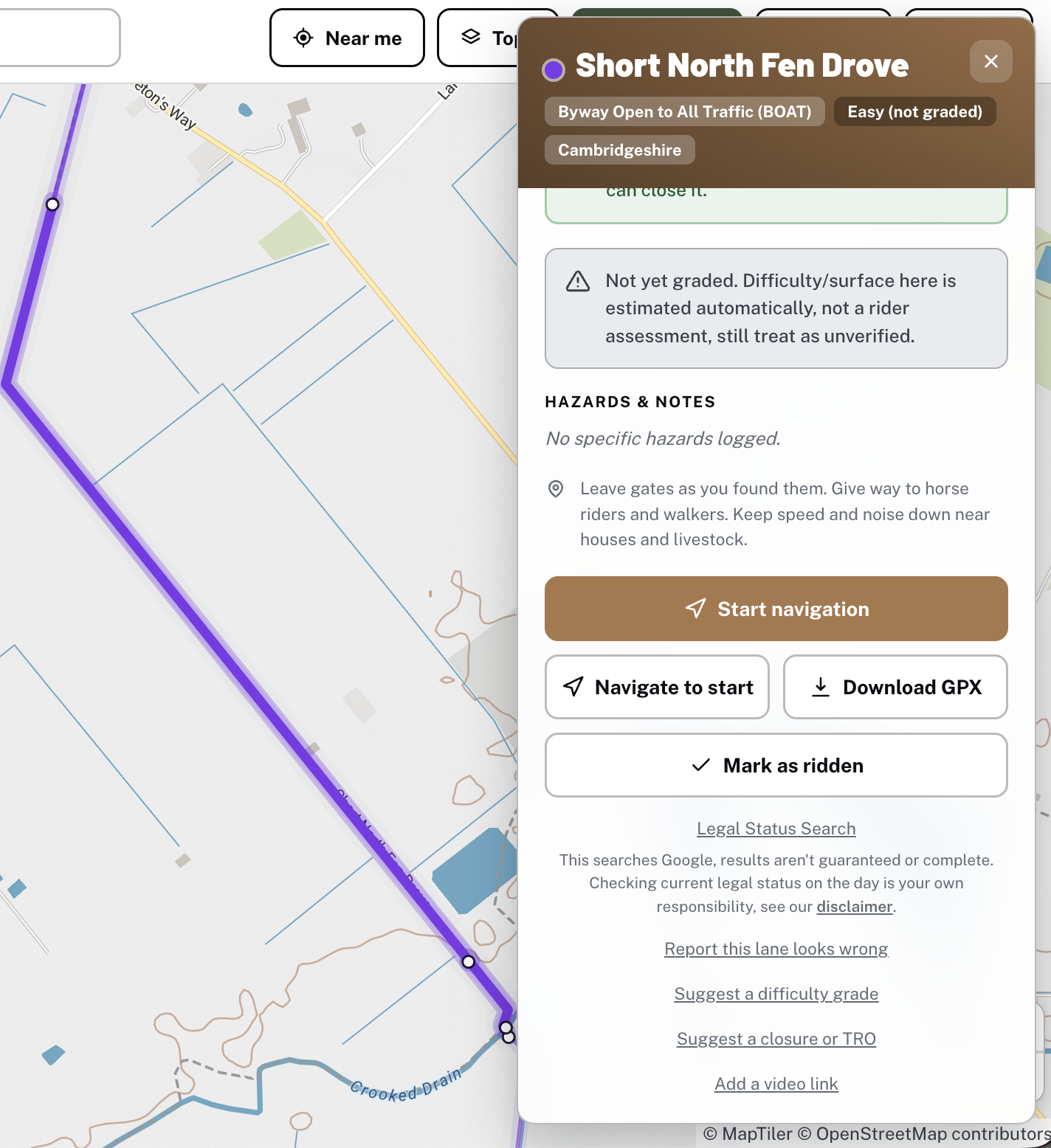 A lane detail card in Holloway showing the Legal Status Search link and its disclaimer text