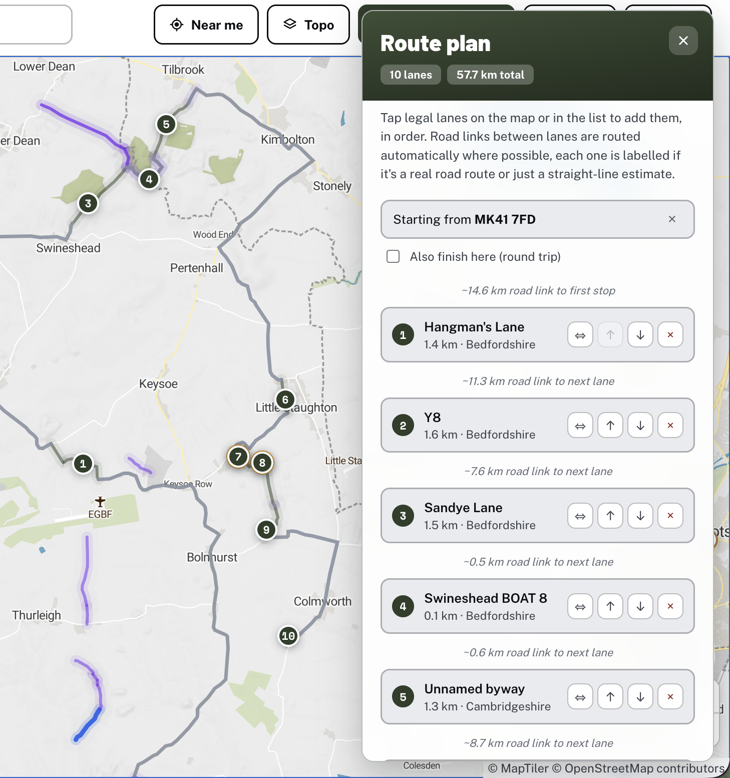 the Holloway route planning panel with several lanes linked together into one day out
