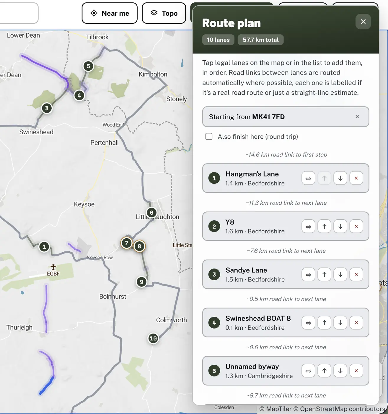 the Holloway route planning panel with several lanes linked together into one day out