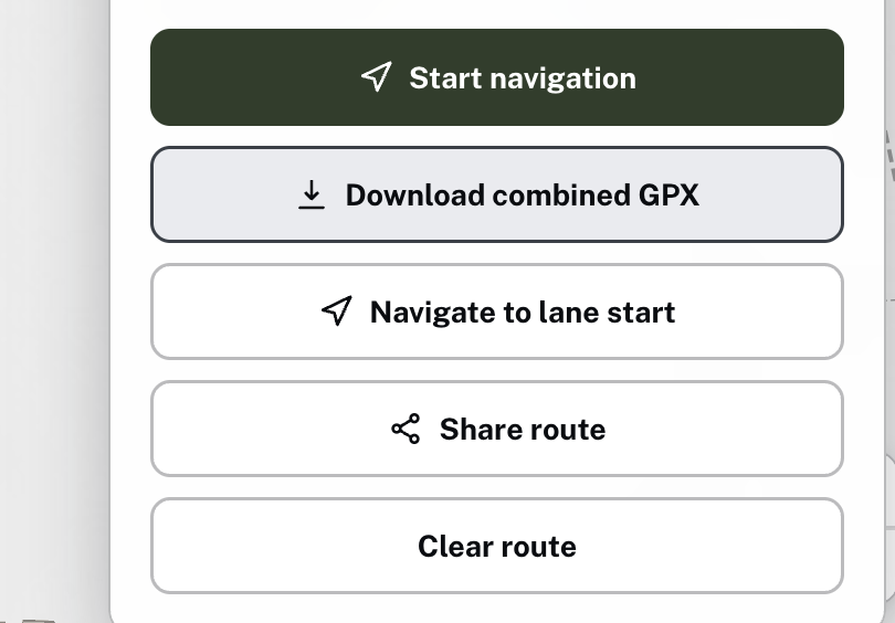 The route panel's action buttons: Start navigation, Download combined GPX, Navigate to lane start, and Share route