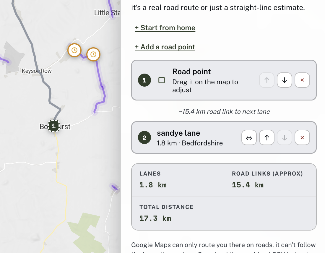 The route panel showing a road point linked to Sandye Lane, with the real road-link distance labelled between them