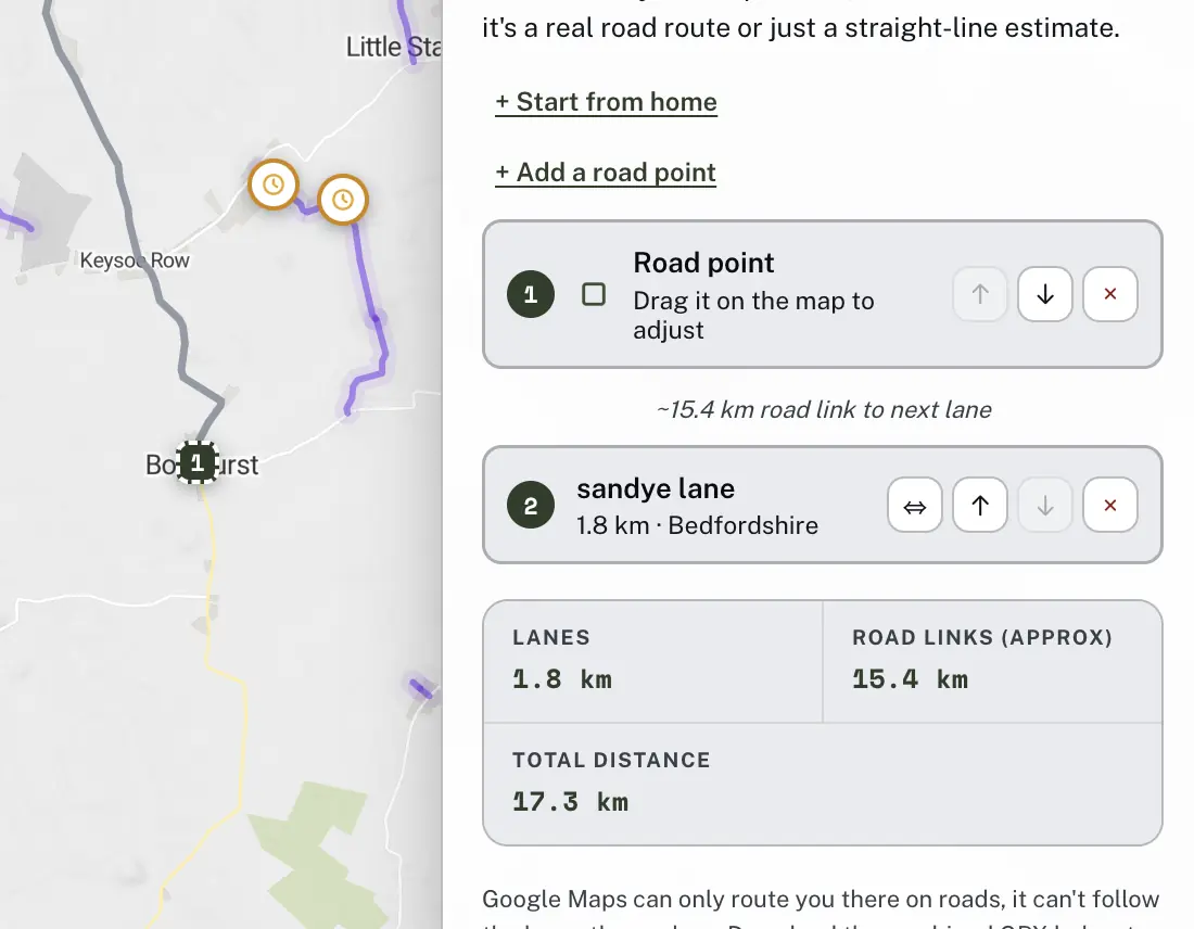 The route panel showing a road point linked to Sandye Lane, with the real road-link distance labelled between them