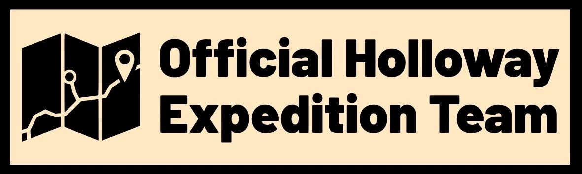 Official Holloway Expedition Team adventure bike sticker in sand, with a folded map and route line