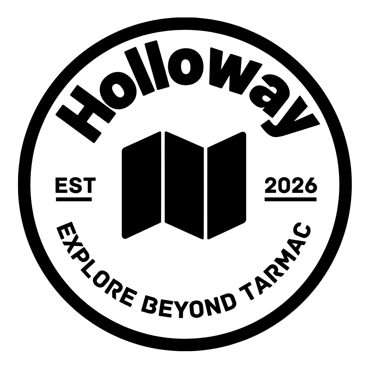 Round Holloway badge sticker: the Holloway name over a folded map, EST 2026 and Explore Beyond Tarmac