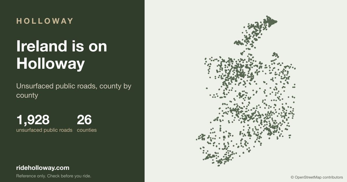 Map of the unsurfaced public roads Holloway covers across the Republic of Ireland